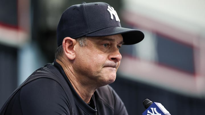 Feb 13, 2025; Tampa, FL, USA; New York Yankees manager Aaron Boone (17) gives a press conference during spring training workouts at George M. Steinbrenner Field.