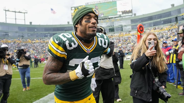 Oct 13, 2024; Green Bay, Wisconsin, USA; Green Bay Packers cornerback Jaire Alexander (23) following the game against the Arizona Cardinals at Lambeau Field. Mandatory Credit: Jeff Hanisch-Imagn Images Oct 13, 2024; Green Bay, Wisconsin, USA; Green Bay Packers cornerback Jaire Alexander (23) following the game against the Arizona Cardinals at Lambeau Field. Mandatory Credit: Jeff Hanisch-Imagn Images