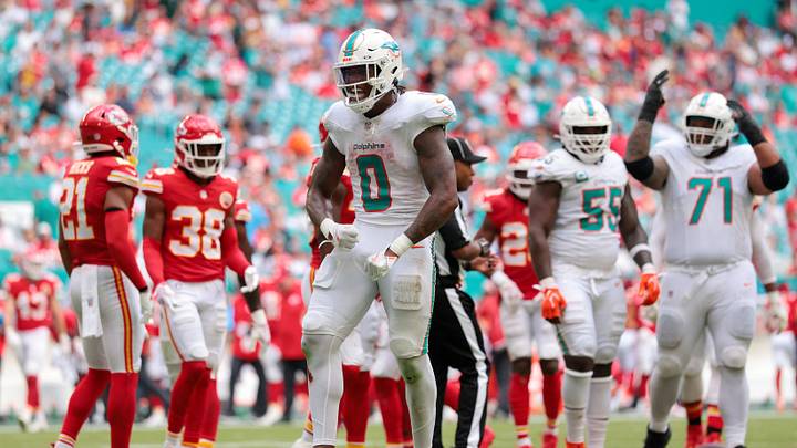 Sep 27, 2026; Miami Gardens, Florida, USA; Miami Dolphins running back Ollie Gordon II (0) reacts after a play against the Kansas City Chiefs during the third quarter at Hard Rock Stadium. Sep 27, 2026; Miami Gardens, Florida, USA; Miami Dolphins running back Ollie Gordon II (0) reacts after a play against the Kansas City Chiefs during the third quarter at Hard Rock Stadium.