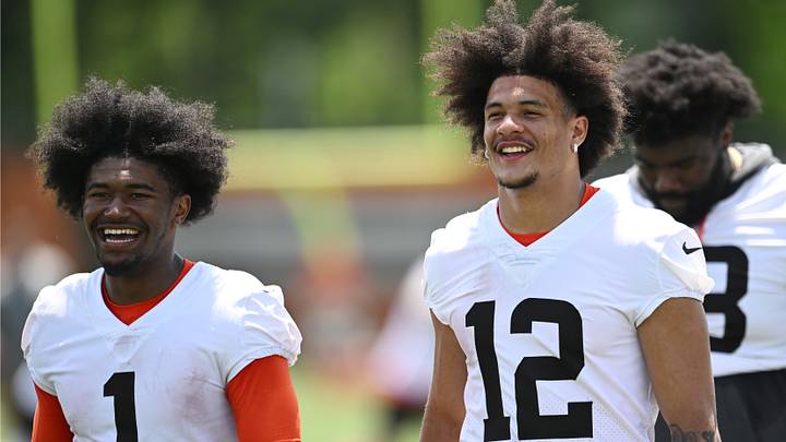 Jun 11, 2026; Berea, OH, USA; Cleveland Browns wide receiver KC Concepcion (1) and wide receiver Denzel Boston (12) exit the field during minicamp at CrossCountry Mortgage Campus. Mandatory Credit: Ken Blaze-Imagn Images Jun 11, 2026; Berea, OH, USA; Cleveland Browns wide receiver KC Concepcion (1) and wide receiver Denzel Boston (12) exit the field during minicamp at CrossCountry Mortgage Campus. Mandatory Credit: Ken Blaze-Imagn Images
