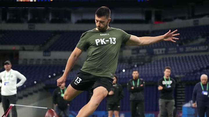 Oklahoma State place kicker Alex Hale (PK13) during the 2024 NFL Combine at Lucas Oil Stadium. 