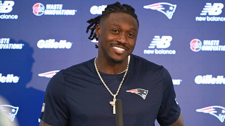 New England Patriots wide receiver A.J. Brown (1) speaks at a press conference after  practice at the team's OTA at Gillette Stadium. Mandatory Credit: Eric Canha-Imagn Images