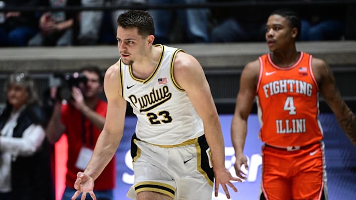 Purdue Boilermakers forward Camden Heide (23) celebrates a three point shot Purdue Boilermakers forward Camden Heide (23) celebrates a three point shot