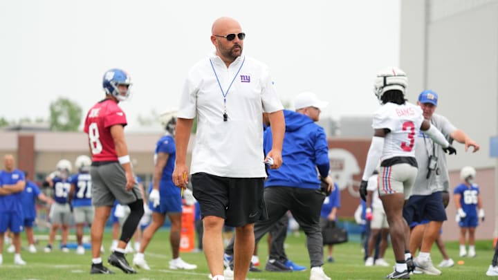 Jul 25, 2024; East Rutherford, NY, USA; New York Giants head coach Brian Daboll looks on during training camp at Quest Diagnostics Training Center. Mandatory Credit: Lucas Boland-USA TODAY Sports