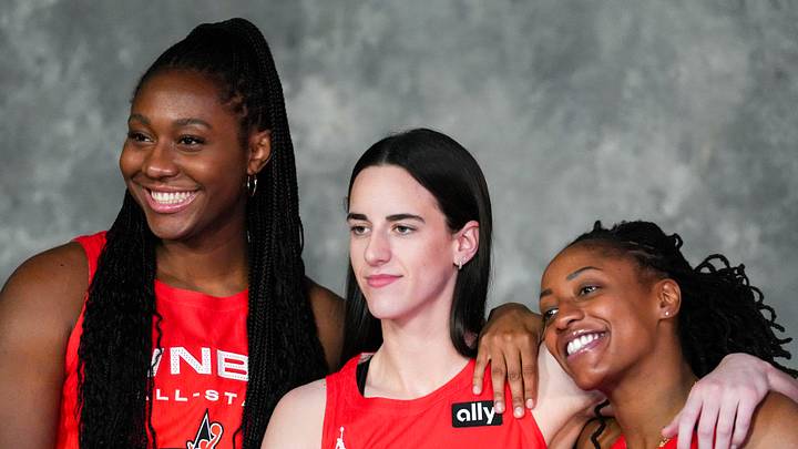 Indiana Fever's Aliyah Boston (7), Caitlin Clark (22) and Kelsey Mitchell (0) take a phot before the 2025 WNBA All-Star Game on Saturday, July 19, 2025, at Gainbridge Fieldhouse in Indianapolis. Indiana Fever's Aliyah Boston (7), Caitlin Clark (22) and Kelsey Mitchell (0) take a phot before the 2025 WNBA All-Star Game on Saturday, July 19, 2025, at Gainbridge Fieldhouse in Indianapolis.