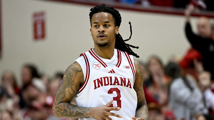 Feb 9, 2026; Bloomington, Indiana, USA; Indiana Hoosiers guard Lamar Wilkerson (3) celebrates after a play against the Oregon Ducks during the first half at Simon Skjodt Assembly Hall.