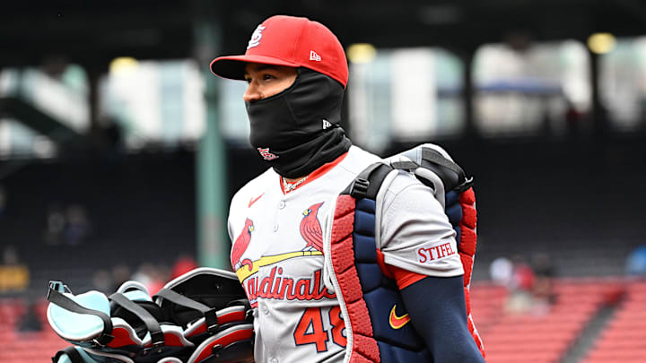 Apr 6, 2025; Boston, Massachusetts, USA; St. Louis Cardinals catcher Ivan Herrera (48) heads out to warm up before a game against the Boston Red Sox at Fenway Park. Mandatory Credit: Eric Canha-Imagn Images Apr 6, 2025; Boston, Massachusetts, USA; St. Louis Cardinals catcher Ivan Herrera (48) heads out to warm up before a game against the Boston Red Sox at Fenway Park. Mandatory Credit: Eric Canha-Imagn Images