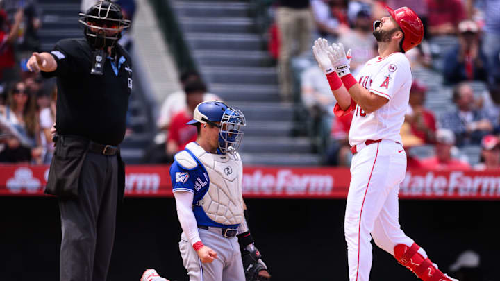 Apr 22, 2026; Anaheim, California, USA; Los Angeles Angels first baseman Nolan Schanuel (18) gestures after hitting a home run during the fourth inning against the Toronto Blue Jays at Angel Stadium. Mandatory Credit: William Liang-Imagn Images