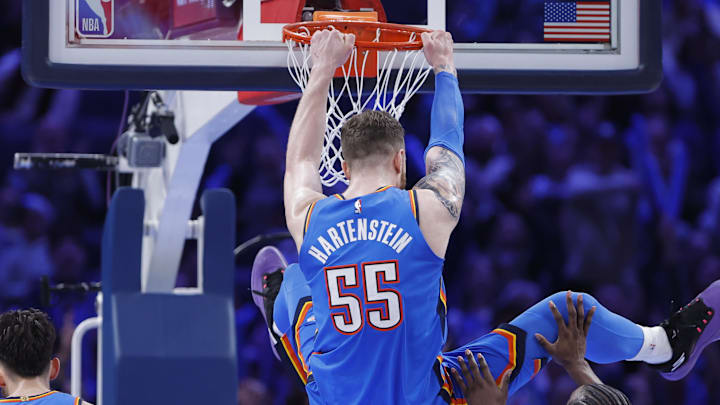 Feb 22, 2026; Oklahoma City, Oklahoma, USA; Oklahoma City Thunder center/forward Isaiah Hartenstein (55) dunks against the Cleveland Cavaliers during the second half at Paycom Center. Mandatory Credit: Alonzo Adams-Imagn Images Feb 22, 2026; Oklahoma City, Oklahoma, USA; Oklahoma City Thunder center/forward Isaiah Hartenstein (55) dunks against the Cleveland Cavaliers during the second half at Paycom Center. Mandatory Credit: Alonzo Adams-Imagn Images