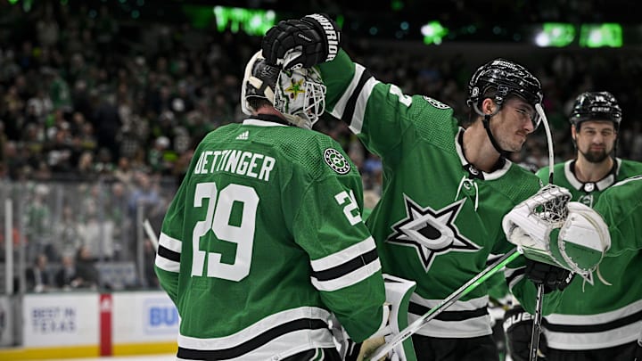 Jan 25, 2024; Dallas, Texas, USA; Dallas Stars goaltender Jake Oettinger (29) and left wing Mason