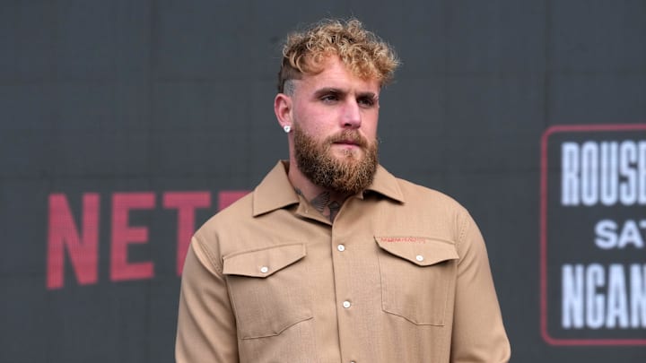 Mar 10, 2026; Inglewood, California, United States; Jake Paul at a MMA press conference at Intuit Dome. Mandatory Credit: Kirby Lee-Imagn Images