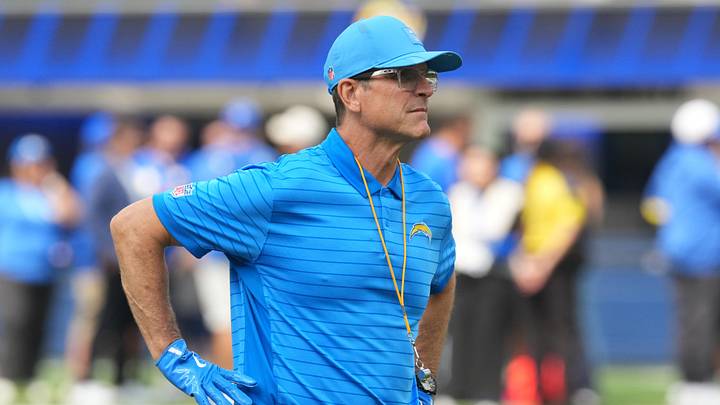 Aug 16, 2025; Inglewood, California, USA; Los Angeles Chargers coach Jim Harbaugh reacts during the game against the Los Angeles Rams at SoFi Stadium. Mandatory Credit: Kirby Lee-Imagn Images