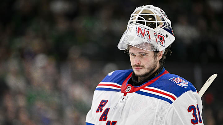 Apr 11, 2026; Dallas, Texas, USA; New York Rangers goaltender Igor Shesterkin (31) skates back on the ice during the second period against the Dallas Stars at the American Airlines Center. Mandatory Credit: Jerome Miron-Imagn Images