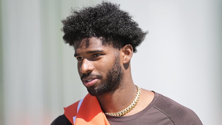 May 9, 2025; Berea, OH, USA; Cleveland Browns quarterback Shedeur Sanders (12) walks off the field after rookie minicamp at CrossCountry Mortgage Campus. 