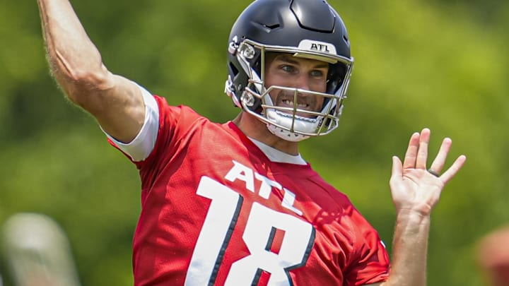Jun 11, 2025; Atlanta, GA, USA; Atlanta Falcons quarterback Kirk Cousins (18) passes during Minicamp practice at Children's Healthcare of Atlanta Training Ground. Mandatory Credit: Dale Zanine-Imagn Images