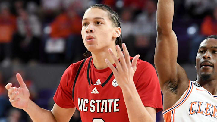 NC State Wolfpack guard Matt Able (3) watches the shot of Clemson Tigers guard Jestin Porter (1) Tuesday, Jan. 20, 2026, during the NCAA men’s basketball game at Littlejohn Coliseum in Clemson, South Carolina. NC State Wolfpack guard Matt Able (3) watches the shot of Clemson Tigers guard Jestin Porter (1) Tuesday, Jan. 20, 2026, during the NCAA men’s basketball game at Littlejohn Coliseum in Clemson, South Carolina.