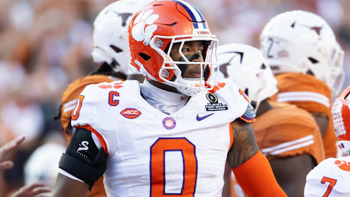 Dec 21, 2024; Austin, Texas, USA; Clemson Tigers linebacker Barrett Carter (0) against the Texas Longhorns during the CFP National playoff first round at Darrell K Royal-Texas Memorial Stadium. Mandatory Credit: Mark J. Rebilas-Imagn Images