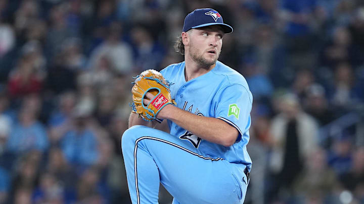 Apr 28, 2026; Toronto, Ontario, CAN; Toronto Blue Jays starting pitcher Trey Yesavage (34) throws a pitch against the Boston Red Sox during the first inning at Rogers Centre. Mandatory Credit: Nick Turchiaro-Imagn Images