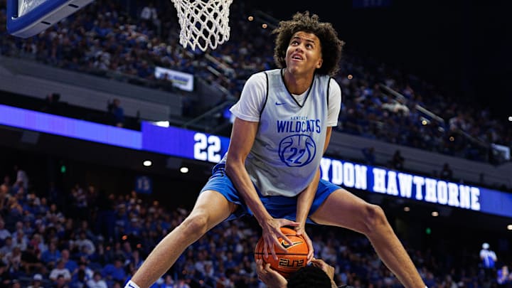 Oct 11, 2025; Lexington, KY, USA; Kentucky Wildcats forward Braydon Hawthorne (22) competes in the dunk contest during Big Blue Madness at Rupp Arena at Central Bank Center. Mandatory Credit: Jordan Prather-Imagn Images