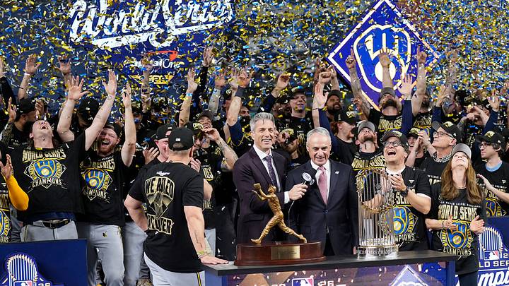 Milwaukee Brewers celebrate with the Commissioner's Trophy during the Awards Ceremony after defeating the Tampa Bay Rays to win the 2026 World Series at Tropicana Field in St. Petersburg, Fla. on Oct 28, 2026.
