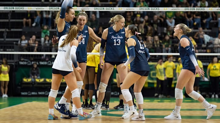 Penn State celebrates a point as the Oregon Ducks host the Penn State Nittany Lions on Oct. 18, 2025, at Matthew Knight Arena in Eugene, Oregon.
