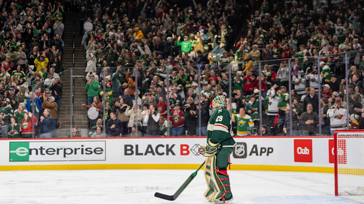 Jan 7, 2025; Saint Paul, Minnesota, USA; Fans and Minnesota Wild goaltender Marc-Andre Fleury (29) celebrate a goal against the St. Louis Blues in the third period at Xcel Energy Center. Mandatory Credit: Matt Blewett-Imagn Images Jan 7, 2025; Saint Paul, Minnesota, USA; Fans and Minnesota Wild goaltender Marc-Andre Fleury (29) celebrate a goal against the St. Louis Blues in the third period at Xcel Energy Center. Mandatory Credit: Matt Blewett-Imagn Images
