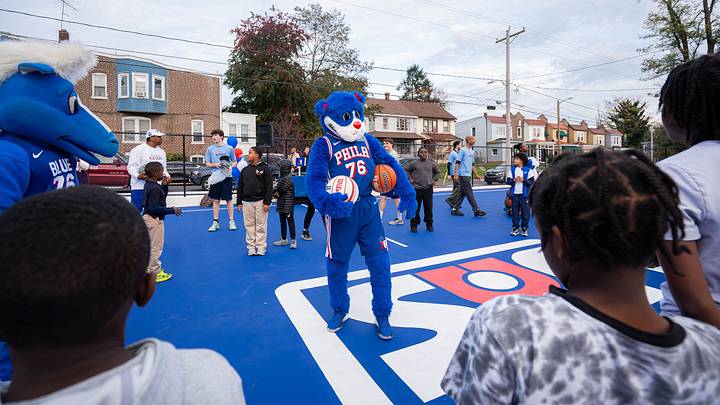 76ers mascot Franklin the Dog on Eastlake Park's refurbished basketball court on Wednesday afternoon 76ers mascot Franklin the Dog on Eastlake Park's refurbished basketball court on Wednesday afternoon