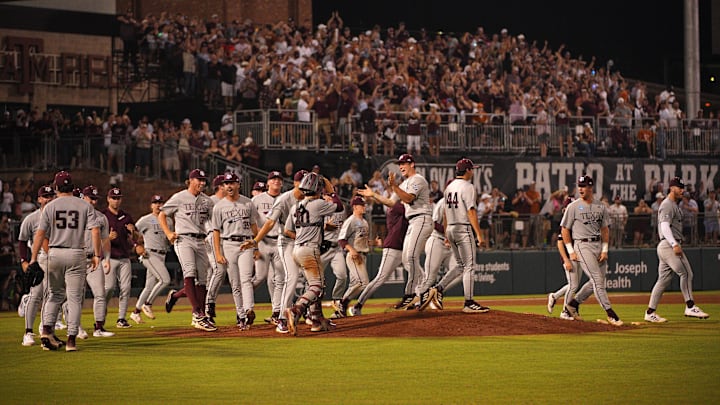 June 1, 2024; College Station, TX, USA; Texas A&M Aggies celebrate a 4-2 win against the Texas Longhorns during the second round in the NCAA baseball College Station Regional at Olsen Field College Station. Mandatory Credit: Dustin Safranek-USA TODAY Sports