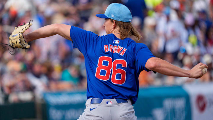 Feb 24, 2024; Scottsdale, Arizona, USA; Chicago Cubs pitcher Ben Brown (86)