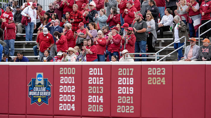 Fans cheer during an NCAA softball game between Oklahoma (OU) and Texas at Love’s Field in Norman. Okla., on Saturday, April 26, 2025.