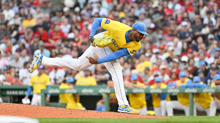 Boston, Massachusetts, USA; Boston Red Sox relief pitcher Aroldis Chapman (44) pitches against the Chicago White Sox during the ninth inning at Fenway Park.