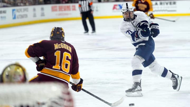 Oct 4, 2025; Tempe, AZ, USA; Penn State Nittany Lions forward Nic Chin-DeGraves (71) shoots and scores against the Arizona State Sun Devils during the third period at Mullett Arena. Mandatory Credit: Joe Camporeale-Imagn Images