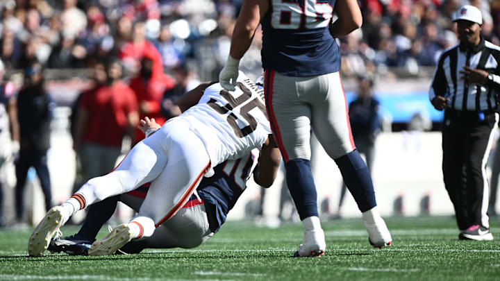 Oct 26, 2025; Foxborough, Massachusetts, USA;  Cleveland Browns defensive end Myles Garrett (95) sacks New England Patriots quarterback Drake Maye (10) during the first quarter at Gillette Stadium. Mandatory Credit: Brian Fluharty-Imagn Images