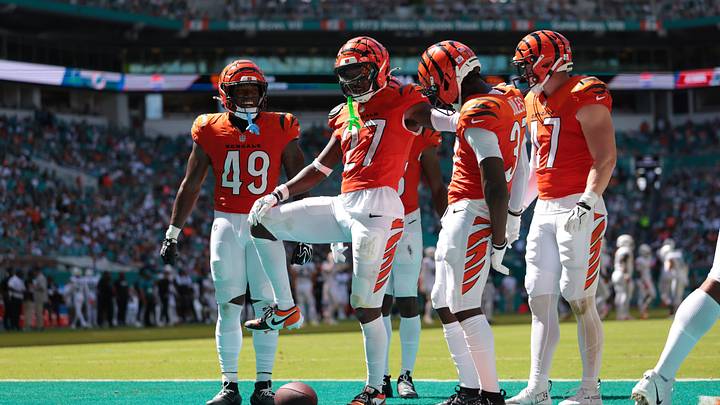 Oct 11, 2026; Miami Gardens, Florida, USA;  Cincinnati Bengals safety Jordan Battle (27) celebrates after making an interception against the Miami Dolphins during the second quarter at Hard Rock Stadium.  Mandatory Credit: Sam Navarro-Imagn Images