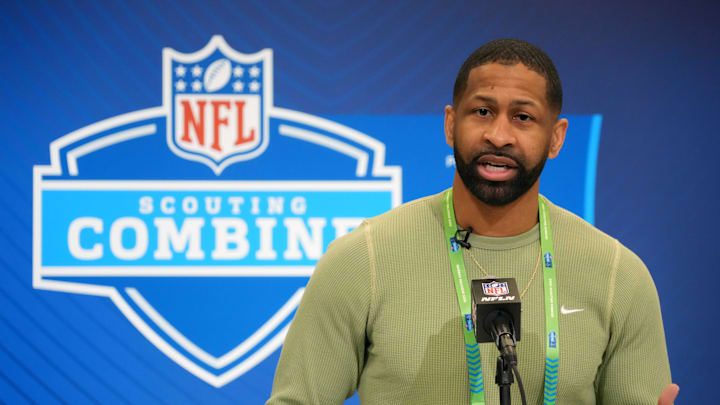 Feb 25, 2025; Indianapolis, IN, USA; Cleveland Browns general manager Andrew Berry speaks during the NFL Scouting Combine at the Indiana Convention Center. Mandatory Credit: Kirby Lee-Imagn Images