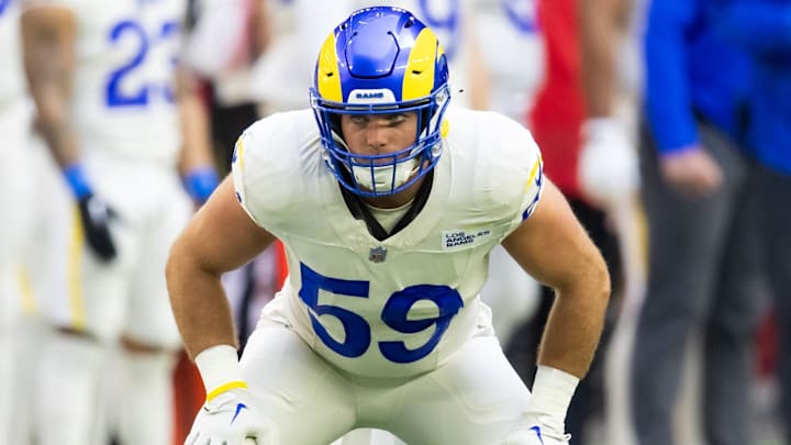 Nov 26, 2023; Glendale, Arizona, USA; Los Angeles Rams linebacker Troy Reeder (59) against the Arizona Cardinals at State Farm Stadium. Mandatory Credit: Mark J. Rebilas-Imagn Images Nov 26, 2023; Glendale, Arizona, USA; Los Angeles Rams linebacker Troy Reeder (59) against the Arizona Cardinals at State Farm Stadium. Mandatory Credit: Mark J. Rebilas-Imagn Images