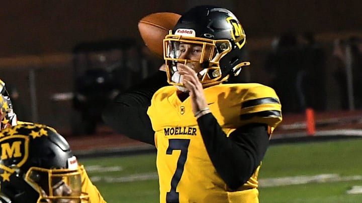 Matt Ponatoski eyes a touchdown pass for Moeller during the OHSAA Division I football regional semifinals Nov. 15, 2024, at Dwire Field in Mason, Ohio.