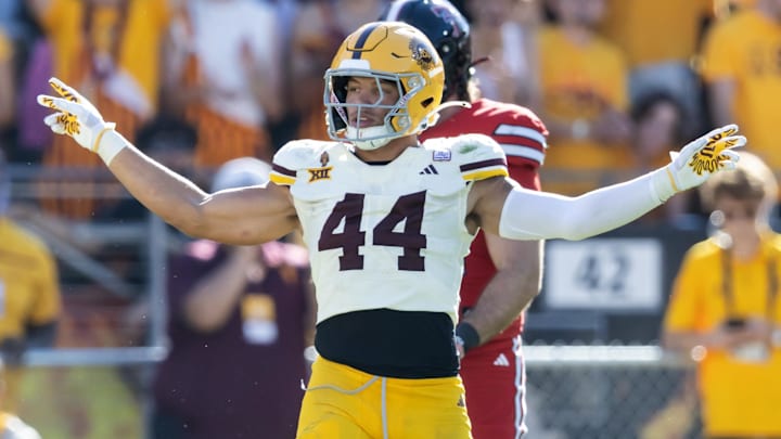Keyshaun Elliott against the Texas Tech Red Raiders at Mountain America Stadium. Mark J. Rebilas-Imagn Images