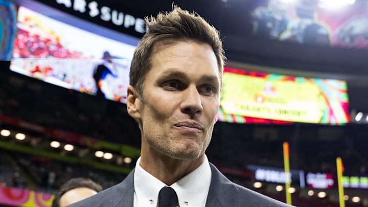 Feb 9, 2025; New Orleans, LA, USA; Fox Sports announcer Tom Brady on the field before Super Bowl LIX between the Philadelphia Eagles and the Kansas City Chiefs at Ceasars Superdome. Mandatory Credit: Mark J. Rebilas-Imagn Images