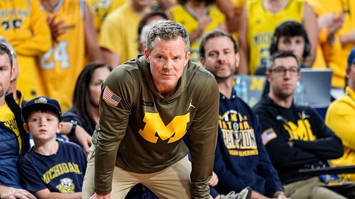 Michigan head coach Dusty May watches a play against Middle Tennessee during the second half at Crisler Center in Ann Arbor on Wednesday, November 19, 2025.