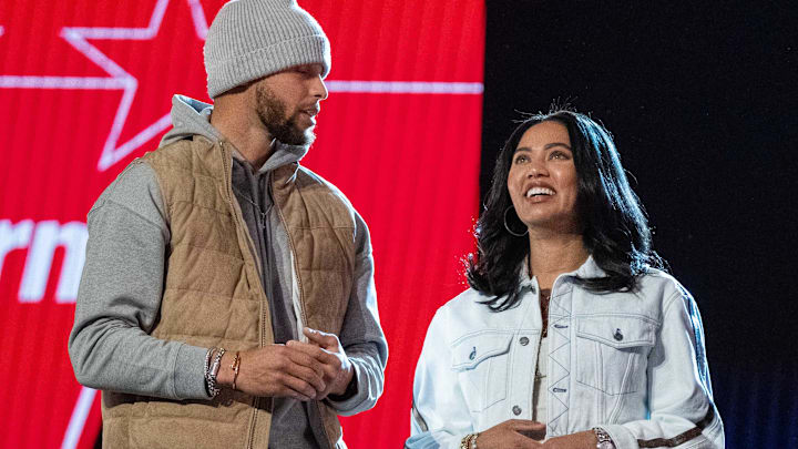 Golden State Warriors guard Stephen Curry (30) and wife Ayesha Curry (right) during the 2022 NBA All-Star Saturday Night at Rocket Mortgage Field House.