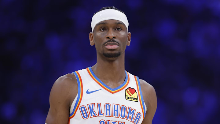 Mar 29, 2026; Oklahoma City, Oklahoma, USA; Oklahoma City Thunder guard Shai Gilgeous-Alexander (2) walks down the court during the first half against the New York Knicks at Paycom Center. Mandatory Credit: Alonzo Adams-Imagn Images