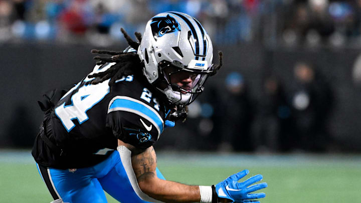 Dec 1, 2024; Charlotte, North Carolina, USA;  Carolina Panthers running back Jonathon Brooks (24) with the ball in the third quarter at Bank of America Stadium. Mandatory Credit: Bob Donnan-Imagn Images