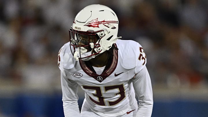 Sep 28, 2024; Dallas, Texas, USA; Florida State Seminoles defensive back Edwin Joseph (33) in action during the game between the Southern Methodist Mustangs and the Florida State Seminoles at Gerald J. Ford Stadium. Mandatory Credit: Jerome Miron-Imagn Images