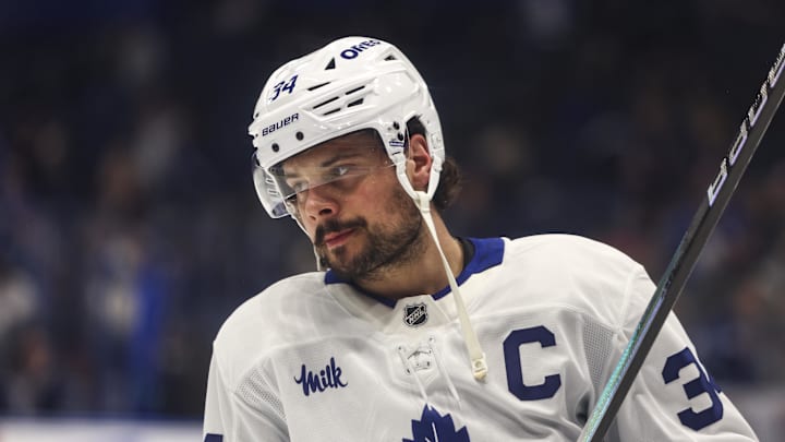 Feb 25, 2026; Tampa, Florida, USA; Toronto Maple Leafs forward Auston Matthews (34) during warm-ups before the game against the Tampa Bay Lightning at Benchmark International Arena. Mandatory Credit: Morgan Tencza-Imagn Images