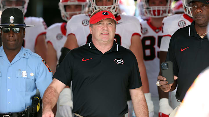 Oct 28, 2023; Jacksonville, Florida, USA; Georgia Bulldogs head coach Kirby Smart leads his players out of the tunnel prior to a game against the Florida Gators at EverBank Stadium. Mandatory Credit: Kim Klement Neitzel-Imagn Images