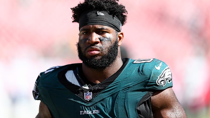 Philadelphia Eagles defensive end Bryce Huff (0) looks on after a game against the Tampa Bay Buccaneers at Raymond James Stadium.