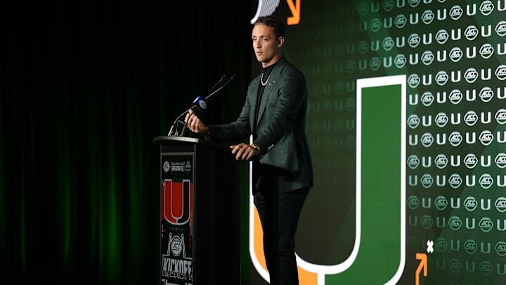 Jul 22, 2025; Charlotte, NC, USA; Miami quarterback Carson Beck answers questions from the media during ACC Media Days at Hilton Charlotte Uptown. Mandatory Credit: Jim Dedmon-Imagn Imagess