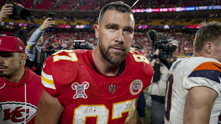 Dec 25, 2025; Kansas City, Missouri, USA; Kansas City Chiefs tight end Travis Kelce (87) after the game at GEHA Field at Arrowhead Stadium. Dec 25, 2025; Kansas City, Missouri, USA; Kansas City Chiefs tight end Travis Kelce (87) after the game at GEHA Field at Arrowhead Stadium.