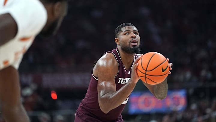 Jan 17, 2026; Austin, Texas, USA; Texas A&M Aggies forward Rashaun Agee (12) prepares to shoot a free throw during the first half against the Texas Longhorns at Moody Center. Mandatory Credit: Dustin Safranek-Imagn Images